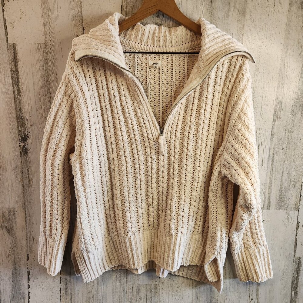 Aerie Cable Car Quarter Zip Sweater Large Crochet Long Sleeve Oversized Yoga
